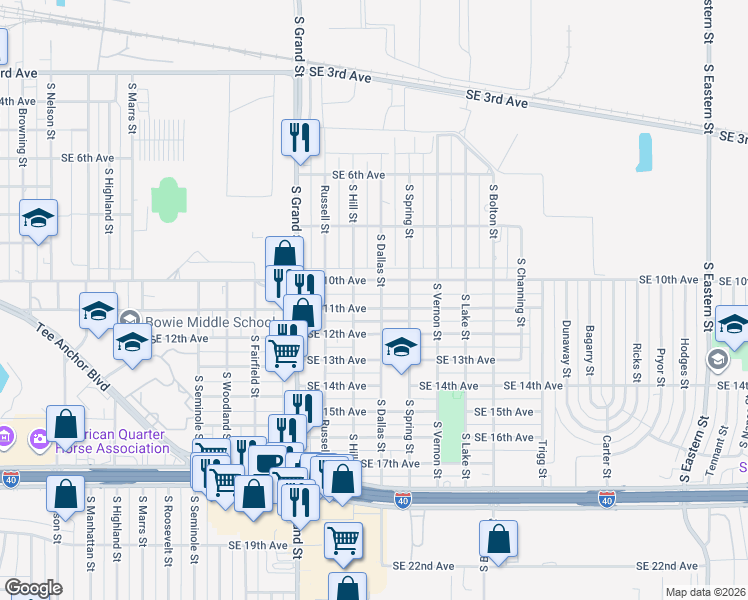 map of restaurants, bars, coffee shops, grocery stores, and more near 3902 Southeast 11th Avenue in Amarillo