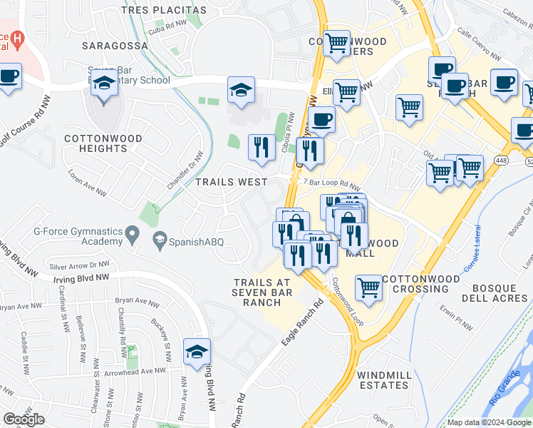 map of restaurants, bars, coffee shops, grocery stores, and more near 10001 Coors Bypass Northwest in Albuquerque