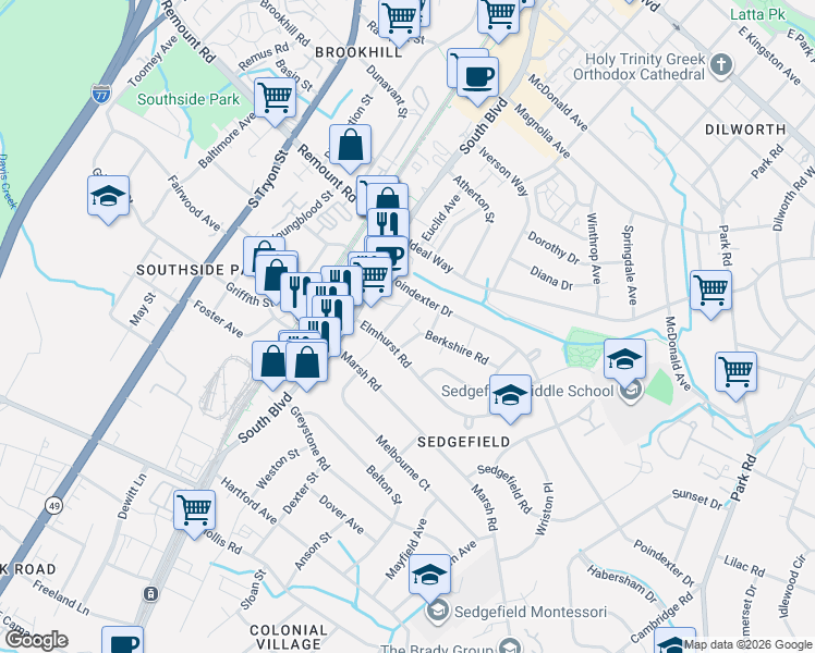 map of restaurants, bars, coffee shops, grocery stores, and more near in Charlotte