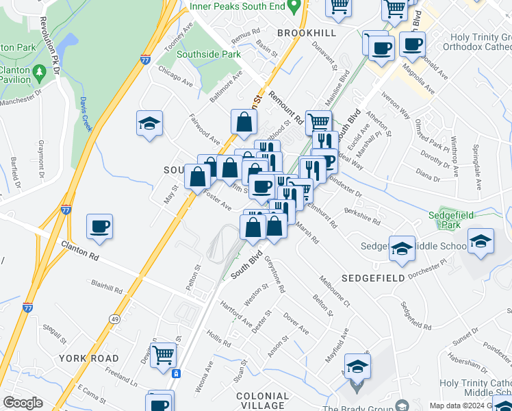 map of restaurants, bars, coffee shops, grocery stores, and more near 324 New Bern Station Court in Charlotte