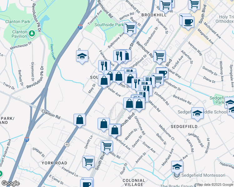 map of restaurants, bars, coffee shops, grocery stores, and more near 3201 South Tryon Street in Charlotte