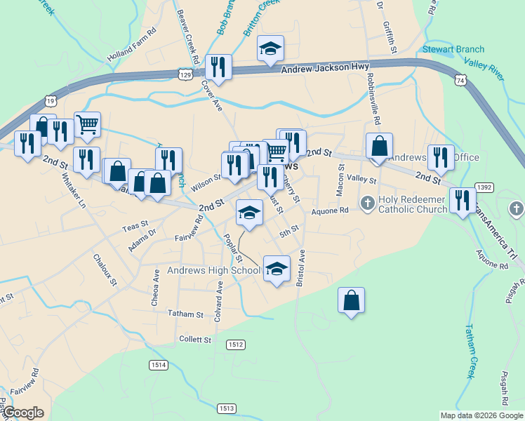 map of restaurants, bars, coffee shops, grocery stores, and more near 205 Chestnut Street in Andrews