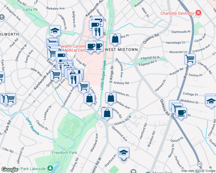map of restaurants, bars, coffee shops, grocery stores, and more near 1232 South Kings Drive in Charlotte