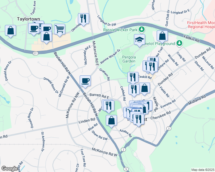 map of restaurants, bars, coffee shops, grocery stores, and more near 65 Graham Road in Pinehurst