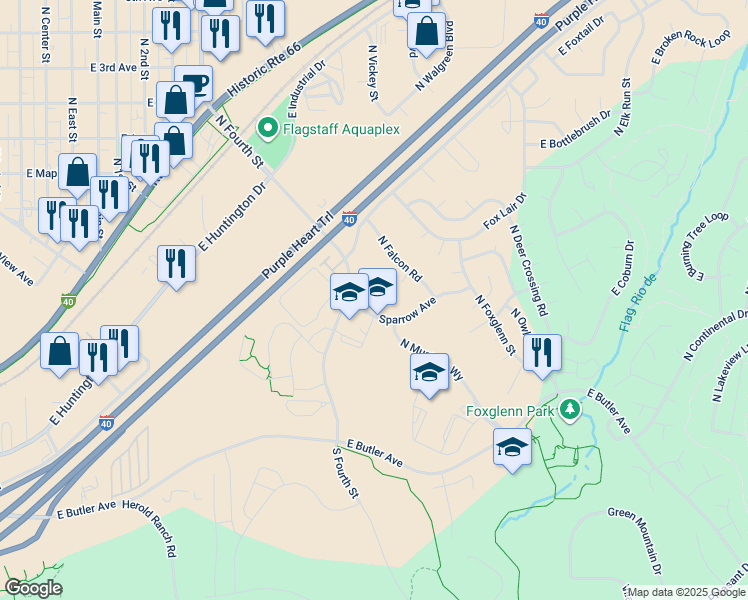 map of restaurants, bars, coffee shops, grocery stores, and more near 3300 Sparrow Avenue in Flagstaff