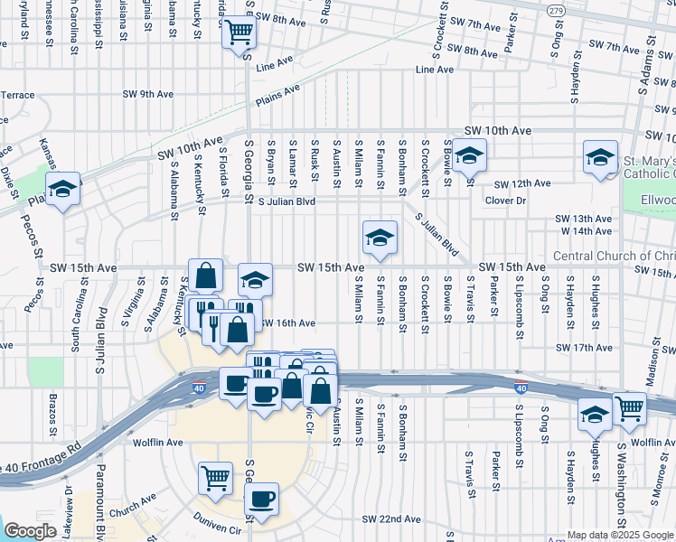 map of restaurants, bars, coffee shops, grocery stores, and more near 2199 Southwest 15th Avenue in Amarillo