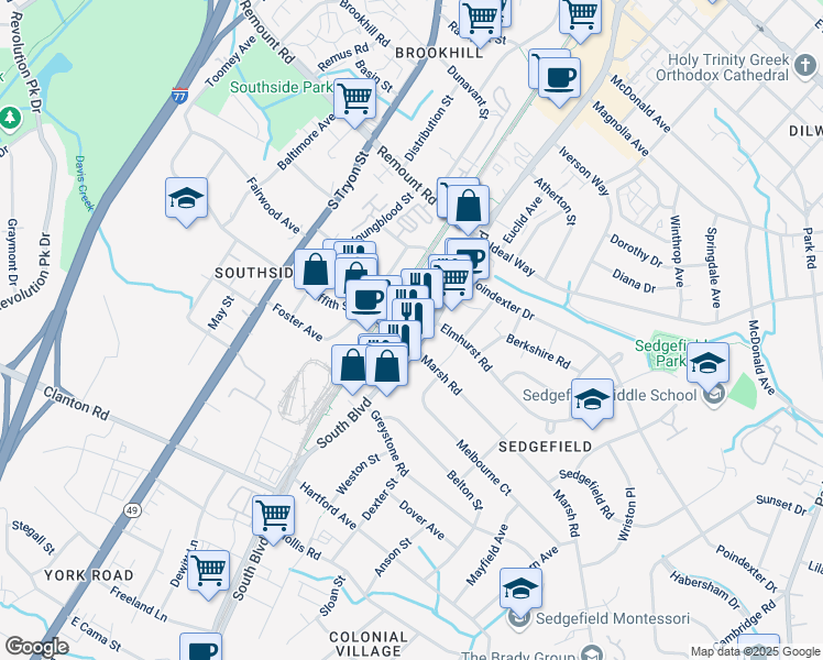 map of restaurants, bars, coffee shops, grocery stores, and more near 145 New Bern Street in Charlotte