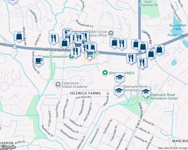 map of restaurants, bars, coffee shops, grocery stores, and more near 6512 Yateswood Dr in Charlotte