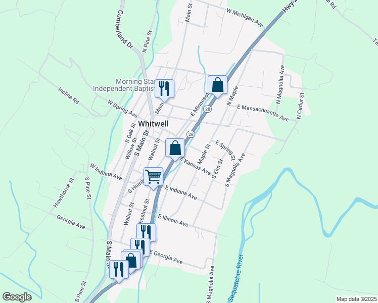 map of restaurants, bars, coffee shops, grocery stores, and more near 400 South Spruce Street in Whitwell