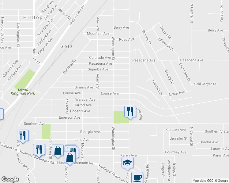 map of restaurants, bars, coffee shops, grocery stores, and more near 2803 Louise Avenue in Kingman