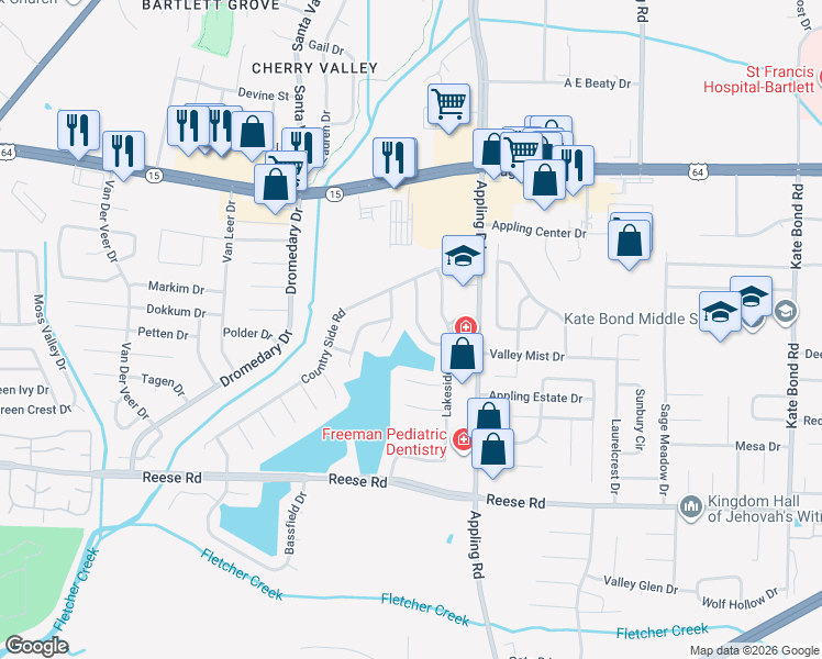 map of restaurants, bars, coffee shops, grocery stores, and more near 2715 Cotton Ridge Drive in Memphis
