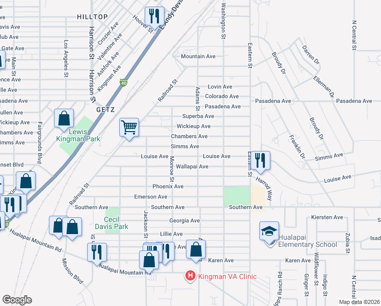 map of restaurants, bars, coffee shops, grocery stores, and more near 2634 Louise Avenue in Kingman