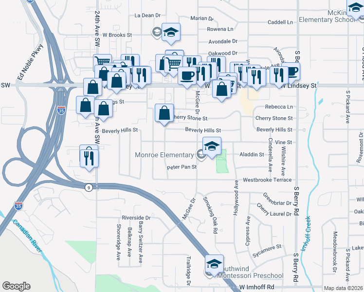 map of restaurants, bars, coffee shops, grocery stores, and more near 1813 Aladdin Street in Norman