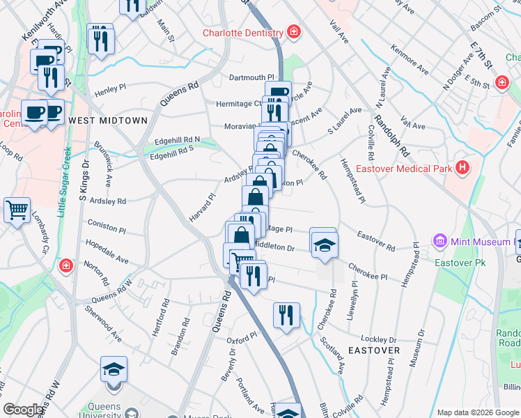 map of restaurants, bars, coffee shops, grocery stores, and more near in Charlotte