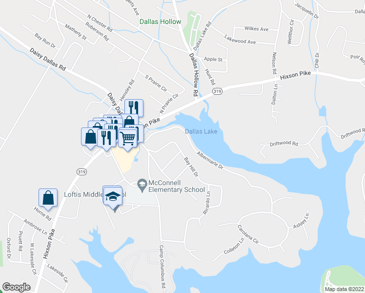 map of restaurants, bars, coffee shops, grocery stores, and more near 1845 Sequoyah Terrace in Middle Valley