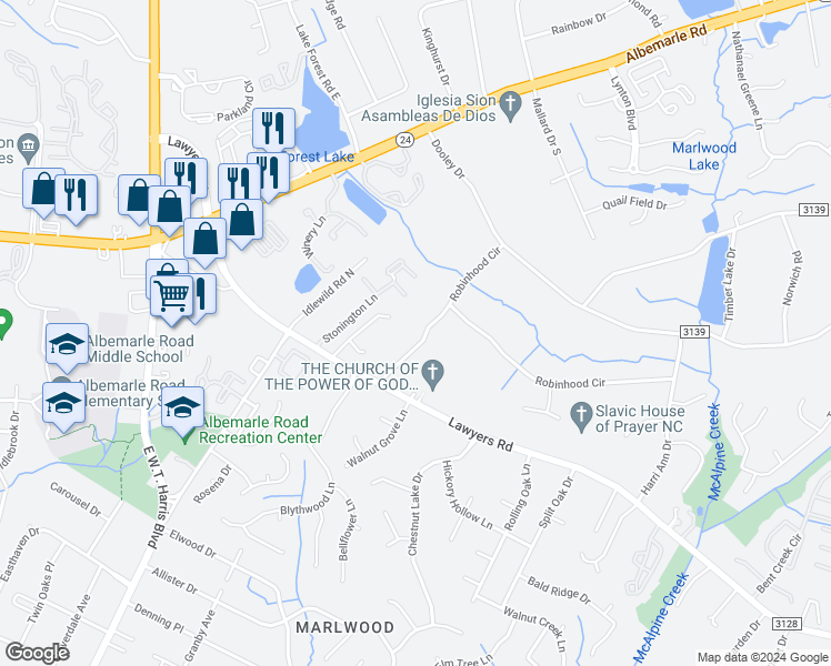 map of restaurants, bars, coffee shops, grocery stores, and more near 5443 Maplewood Lane in Charlotte
