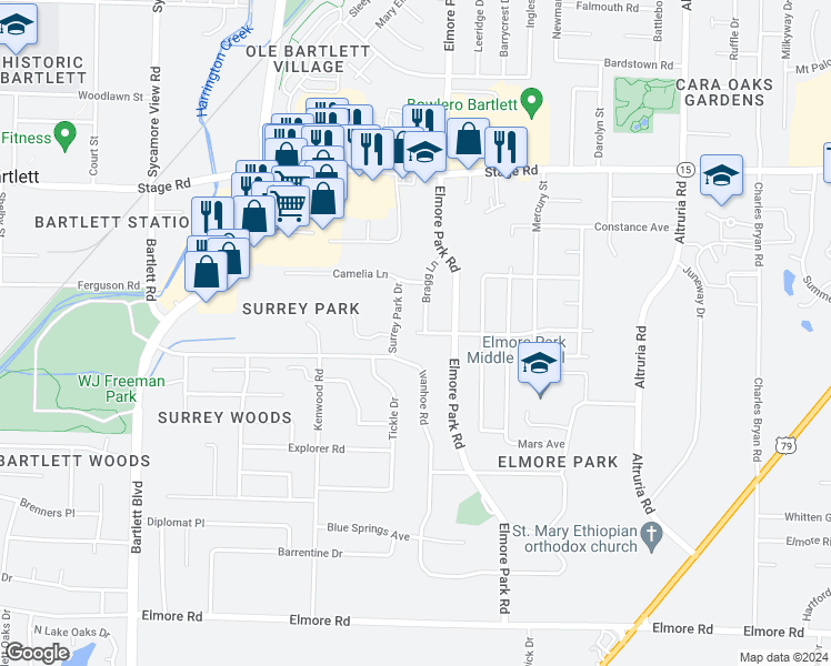 map of restaurants, bars, coffee shops, grocery stores, and more near 5027 Acorn Drive in Bartlett