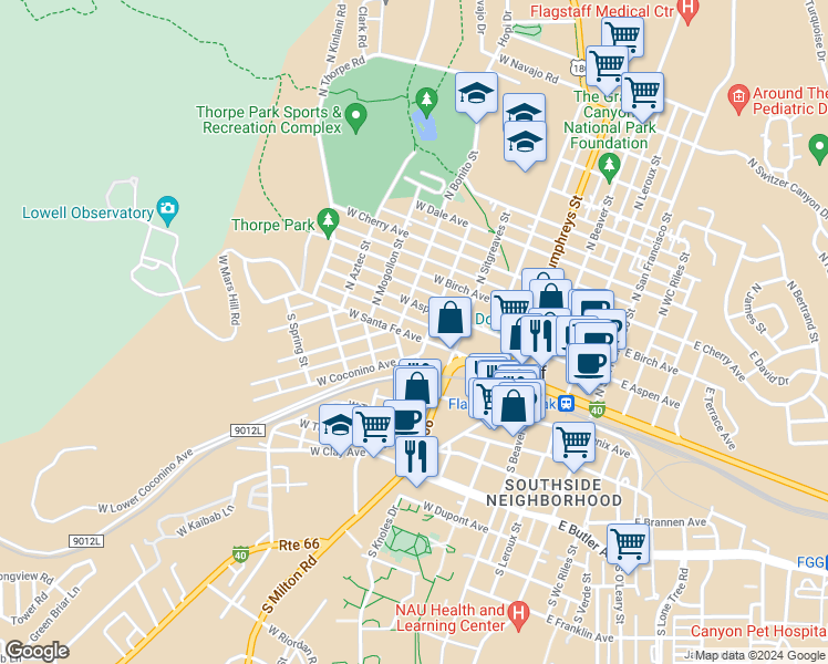 map of restaurants, bars, coffee shops, grocery stores, and more near 501 West Santa Fe Avenue in Flagstaff
