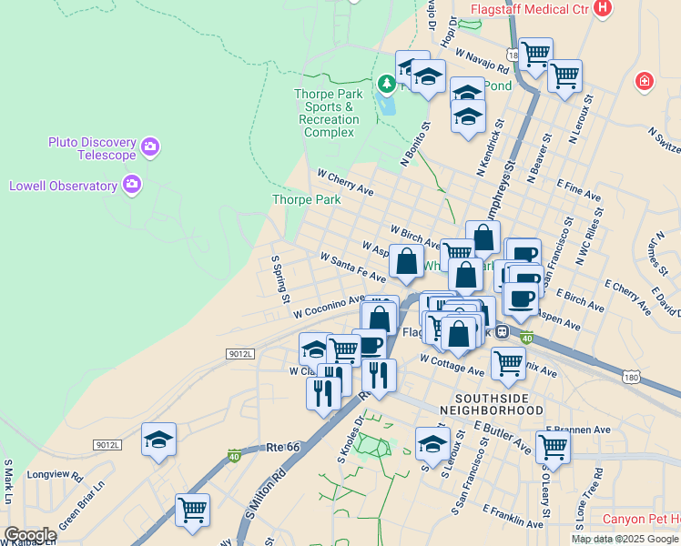 map of restaurants, bars, coffee shops, grocery stores, and more near 15 South Walnut Street in Flagstaff