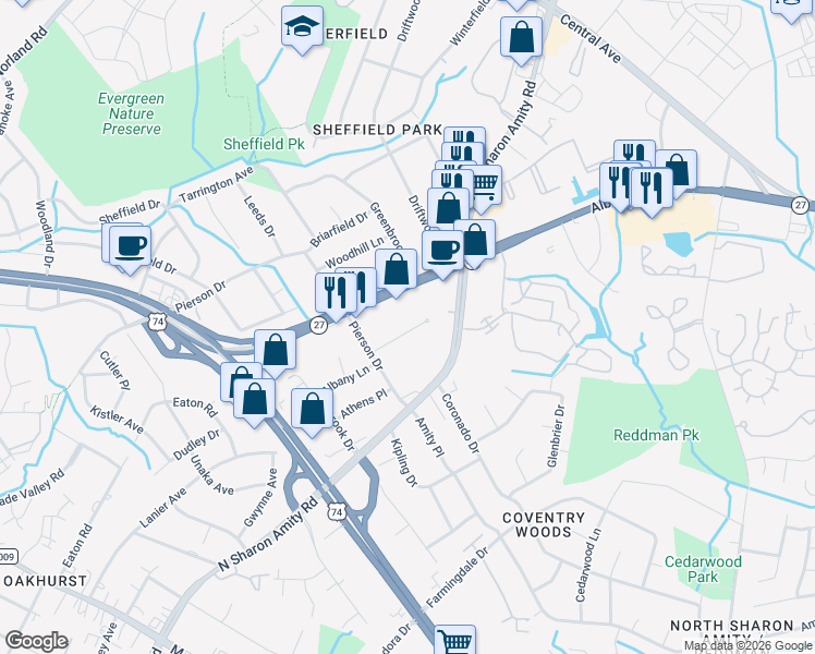 map of restaurants, bars, coffee shops, grocery stores, and more near in Charlotte