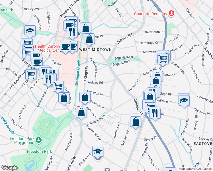 map of restaurants, bars, coffee shops, grocery stores, and more near 2119 Coniston Place in Charlotte