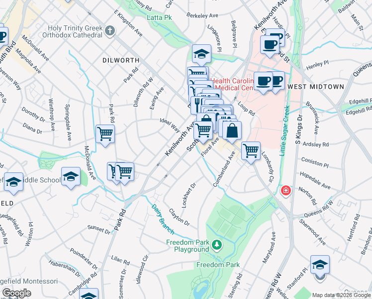 map of restaurants, bars, coffee shops, grocery stores, and more near 2016 Floral Avenue in Charlotte