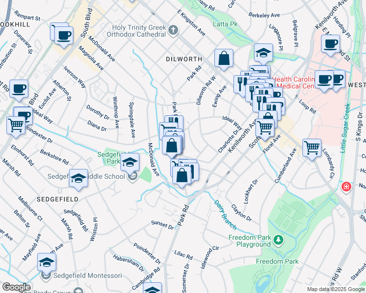 map of restaurants, bars, coffee shops, grocery stores, and more near 2420 Charlotte Drive in Charlotte