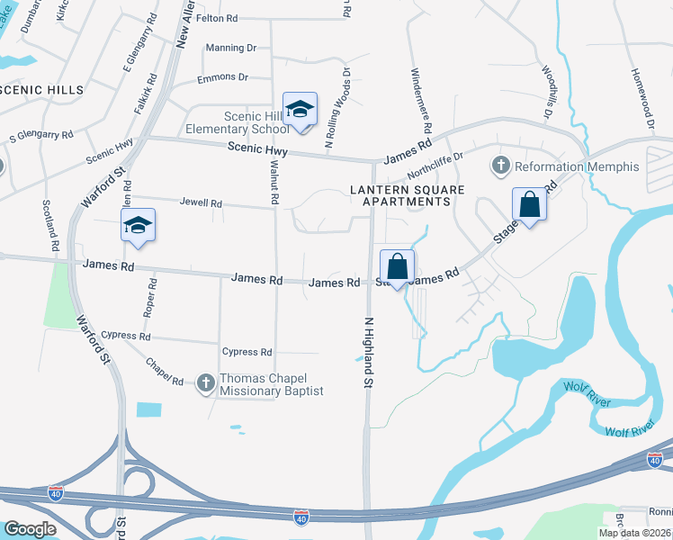 map of restaurants, bars, coffee shops, grocery stores, and more near 3529 James Road in Memphis
