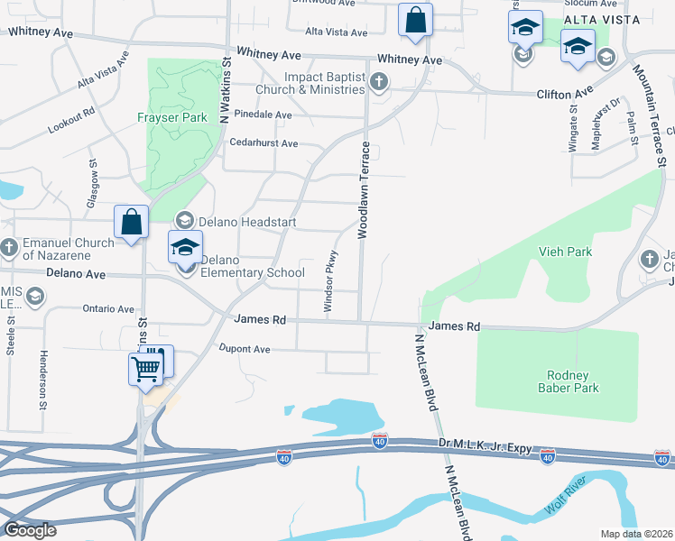 map of restaurants, bars, coffee shops, grocery stores, and more near 2692 Windsor Parkway in Memphis