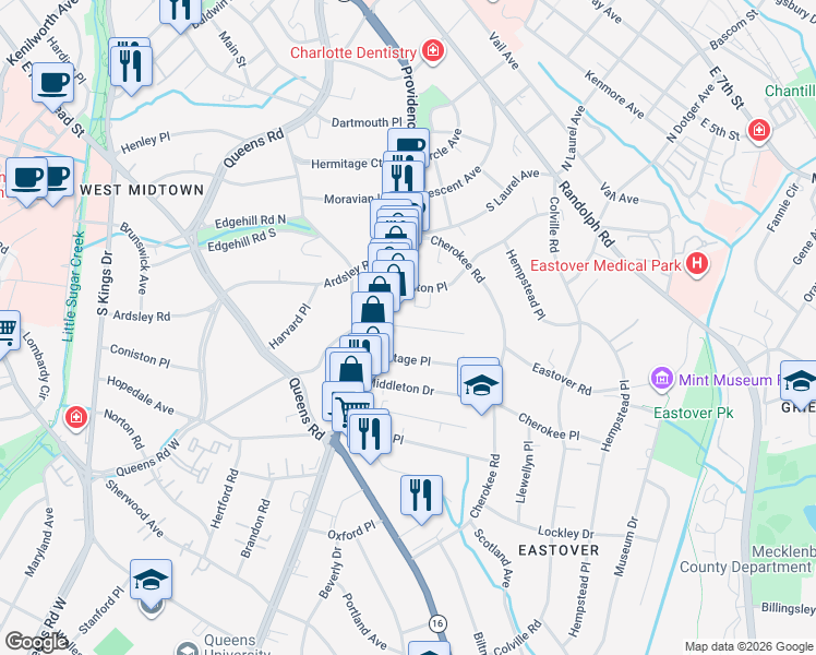 map of restaurants, bars, coffee shops, grocery stores, and more near Altondale Avenue in Charlotte