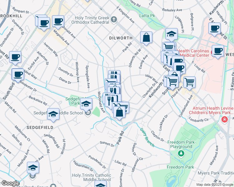 map of restaurants, bars, coffee shops, grocery stores, and more near 2226 Park Road in Charlotte