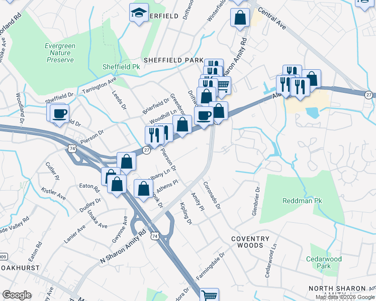 map of restaurants, bars, coffee shops, grocery stores, and more near in Charlotte