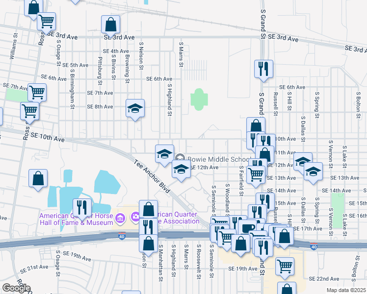 map of restaurants, bars, coffee shops, grocery stores, and more near 1006 South Marrs Street in Amarillo