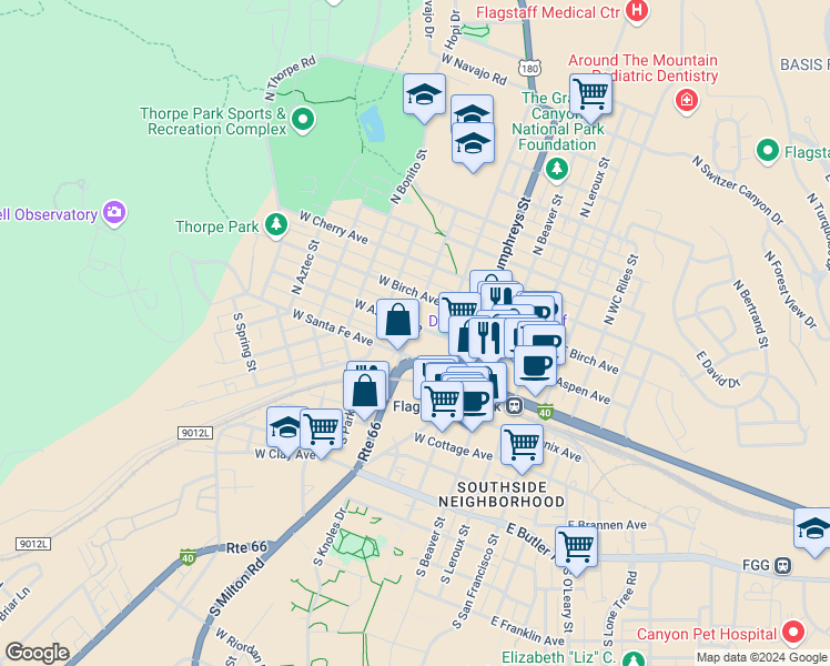 map of restaurants, bars, coffee shops, grocery stores, and more near 323 West Aspen Avenue in Flagstaff