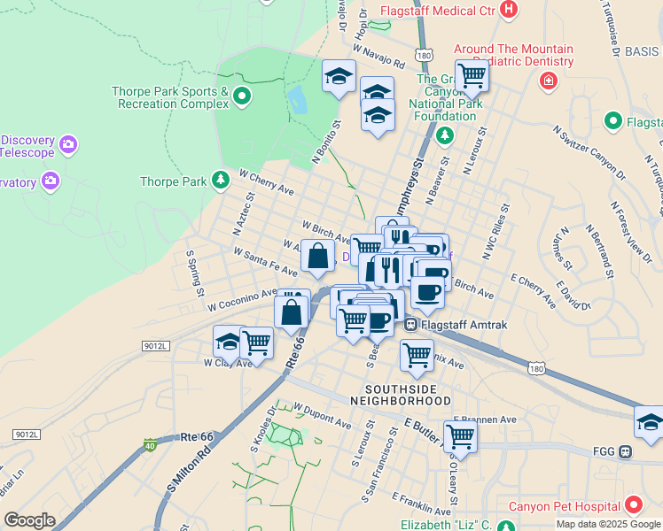 map of restaurants, bars, coffee shops, grocery stores, and more near 323 West Aspen Avenue in Flagstaff