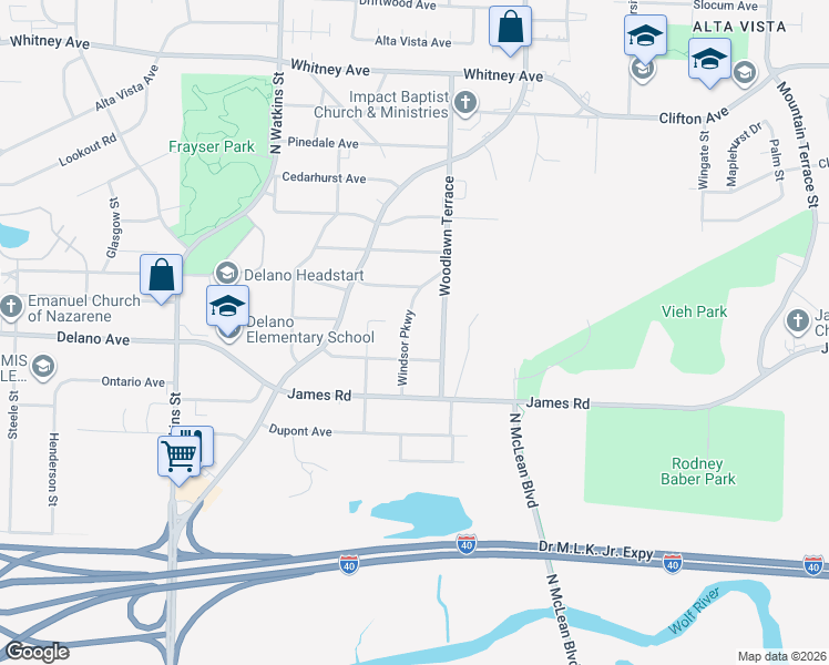 map of restaurants, bars, coffee shops, grocery stores, and more near 2692 Windsor Parkway in Memphis