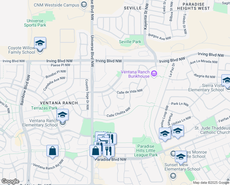 map of restaurants, bars, coffee shops, grocery stores, and more near 10116 Calle Bella Northwest in Albuquerque