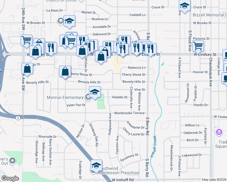 map of restaurants, bars, coffee shops, grocery stores, and more near 1512 Vine Street in Norman