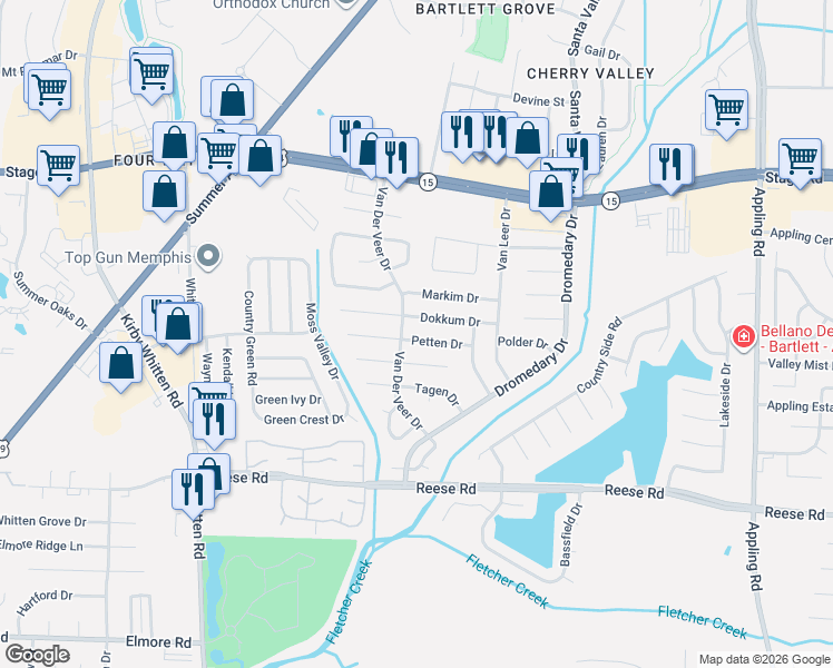 map of restaurants, bars, coffee shops, grocery stores, and more near 7070 Texel Cove in Memphis