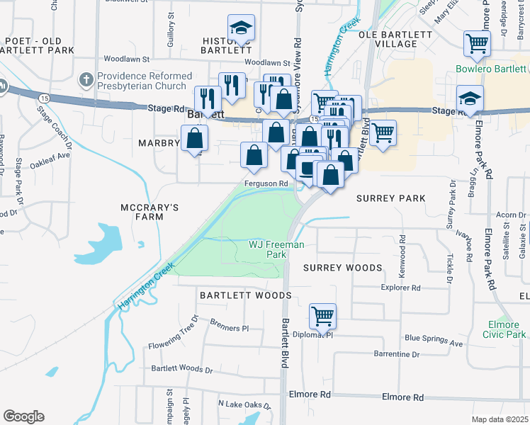 map of restaurants, bars, coffee shops, grocery stores, and more near 2629 Bartlett Boulevard in Bartlett