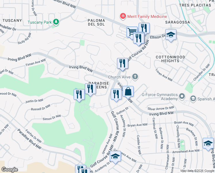 map of restaurants, bars, coffee shops, grocery stores, and more near 10101 Loveland Drive Northwest in Albuquerque