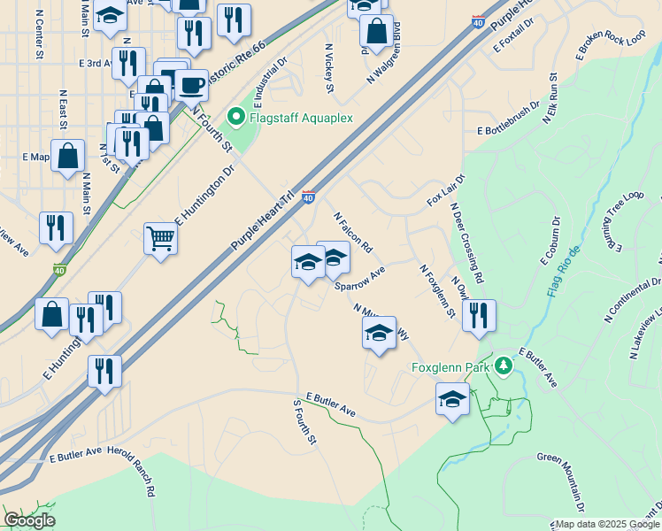 map of restaurants, bars, coffee shops, grocery stores, and more near 3300 Sparrow Avenue in Flagstaff