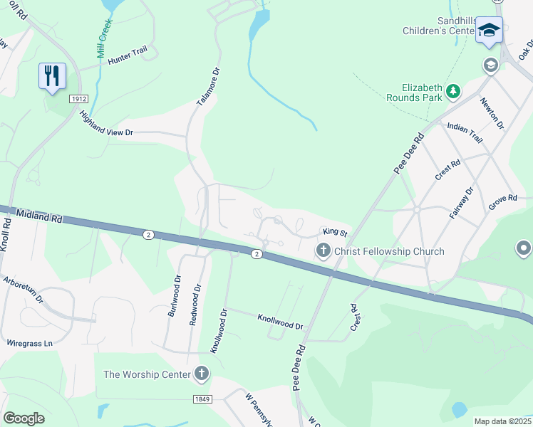map of restaurants, bars, coffee shops, grocery stores, and more near 25 Magwood Court in Southern Pines