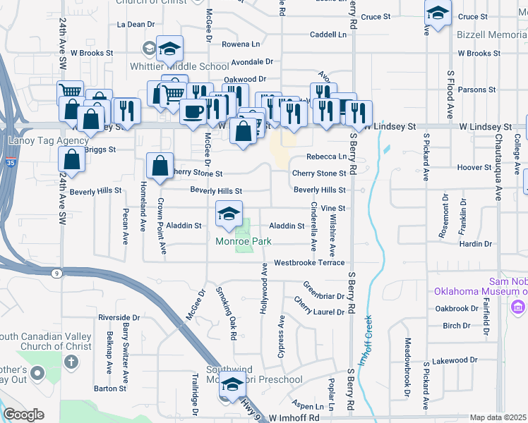 map of restaurants, bars, coffee shops, grocery stores, and more near 1511 Hollywood Avenue in Norman