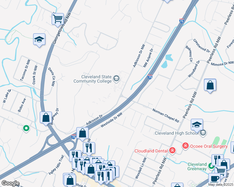 map of restaurants, bars, coffee shops, grocery stores, and more near 3535 Adkisson Drive Northwest in Cleveland