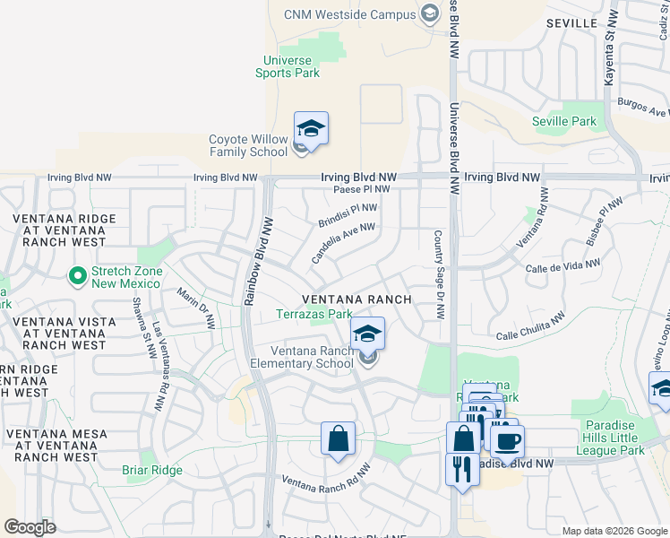 map of restaurants, bars, coffee shops, grocery stores, and more near 10301 Mistral Drive Northwest in Albuquerque