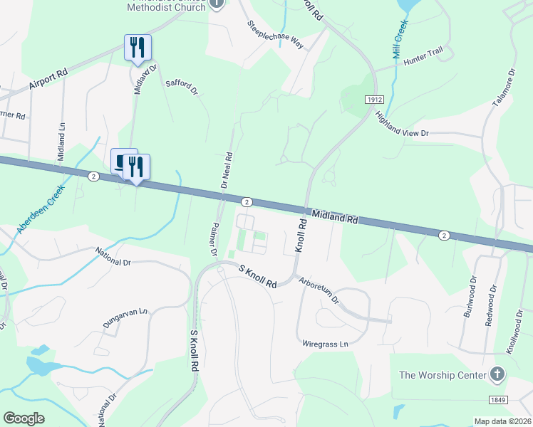 map of restaurants, bars, coffee shops, grocery stores, and more near 2040 Midland Rd in Southern Pines