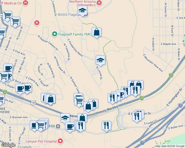 map of restaurants, bars, coffee shops, grocery stores, and more near 1196 East Olivine Way in Flagstaff