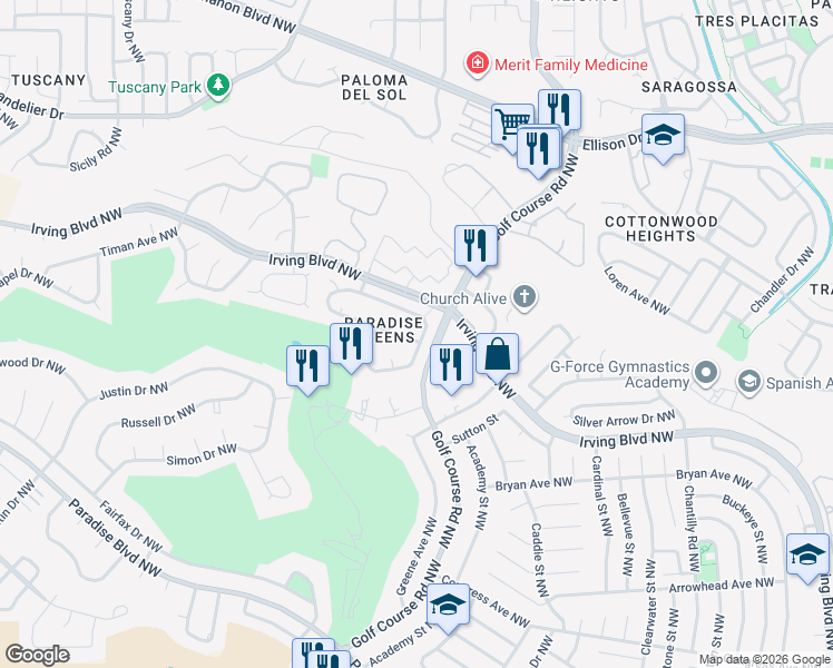 map of restaurants, bars, coffee shops, grocery stores, and more near 10101 Loveland Drive Northwest in Albuquerque