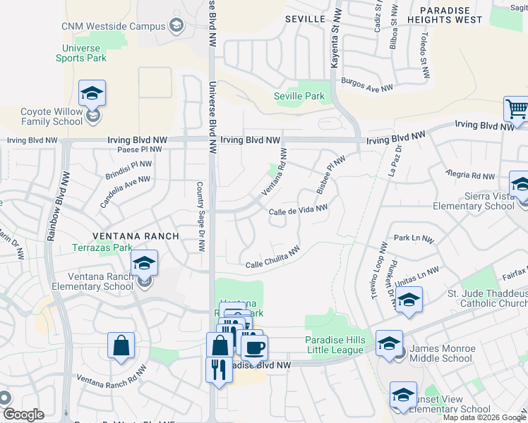 map of restaurants, bars, coffee shops, grocery stores, and more near 10116 Calle Bella Northwest in Albuquerque
